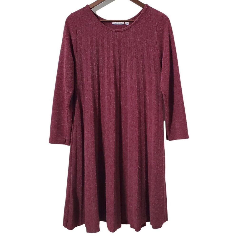 Vasna Pleated Accordion Dress Size S Burgundy Red Knee Length 3/4 Sleeve Womens